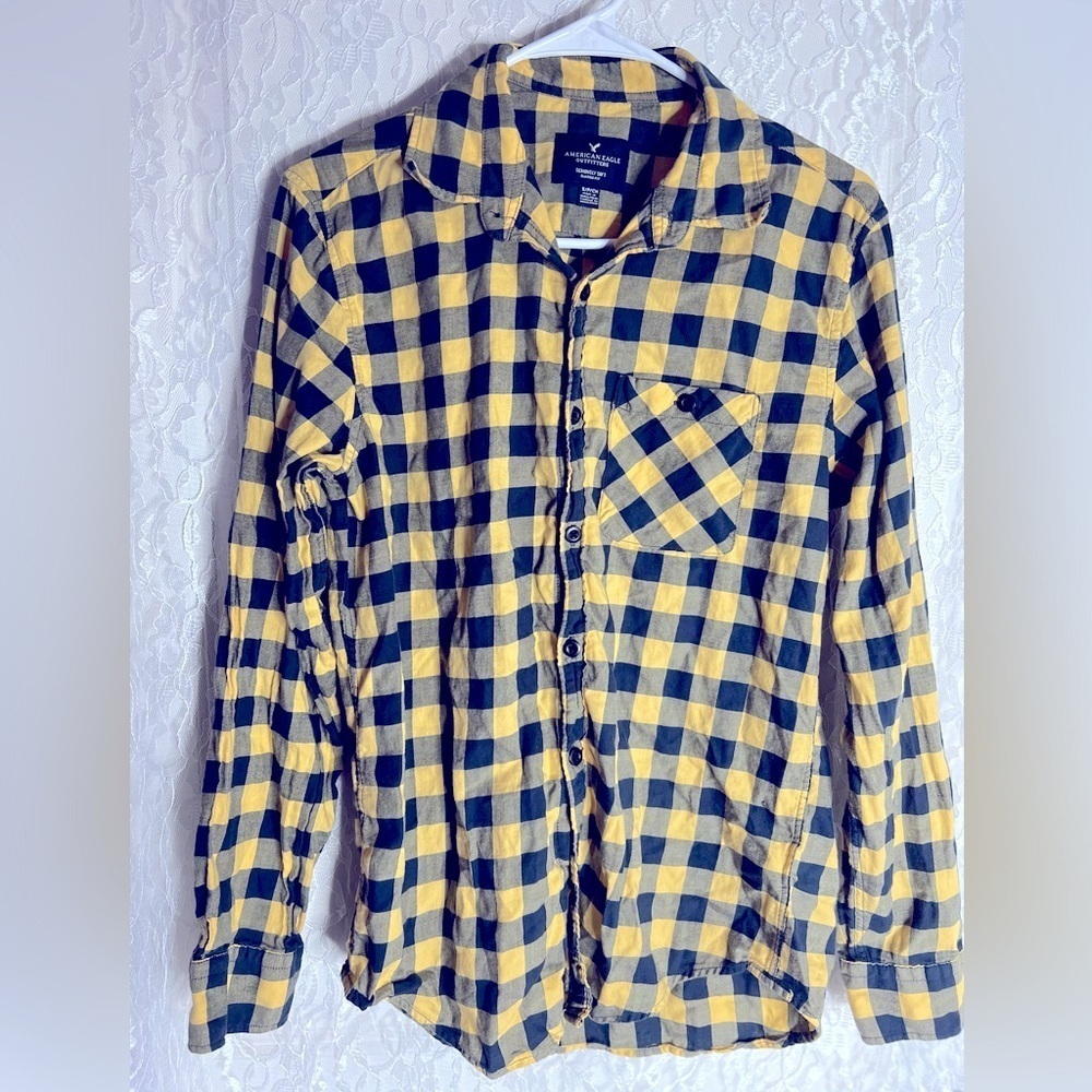 American Eagle Yellow Gingham Button Up Long Sleeve Shirt - Picture 2 of 6